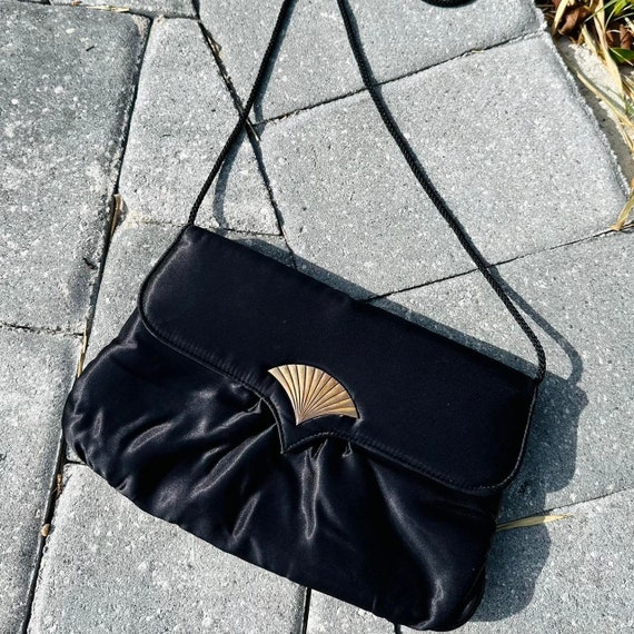 1980s black satin clamshell shoulder bag - image 2