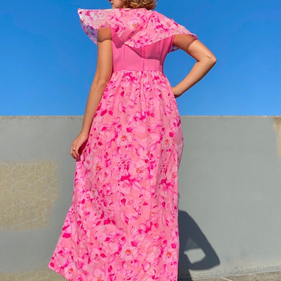 Vintage 70s Pink Floral Maxi Dress + Cape Set.