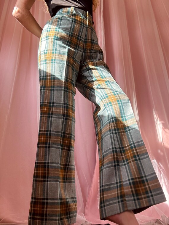 1970s green + yellow plaid bell bottoms