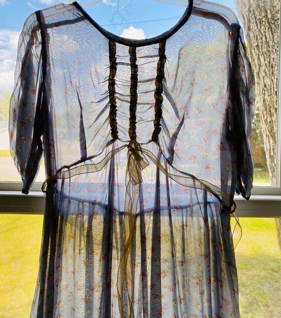 1940’s Gauze sheer silk micro floral gray gown wit