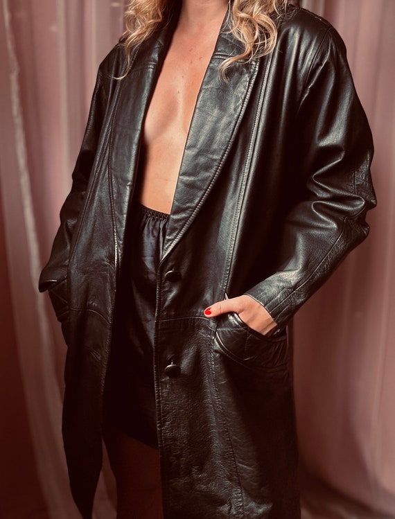 1980s black leather long line coat
