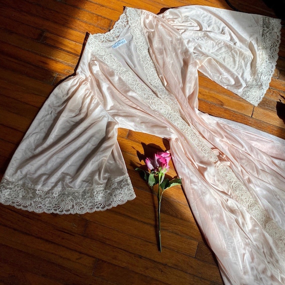 Vintage 70s pink satin bell sleeve robe.