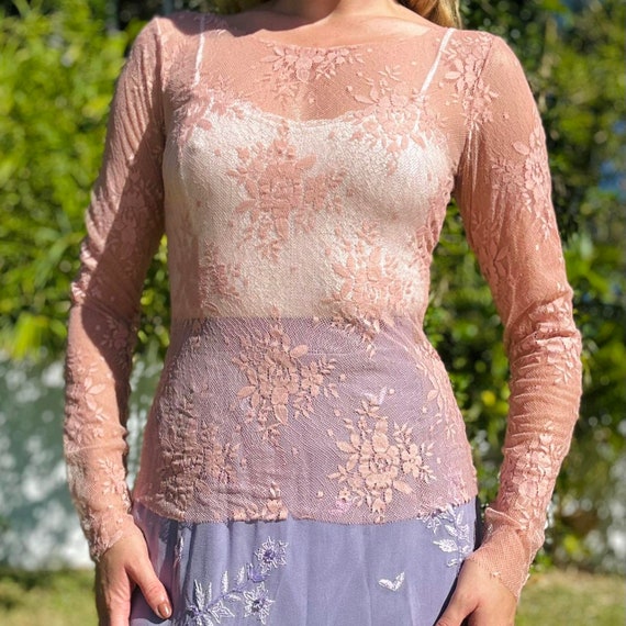 90s rose pink sheer lace top - image 1
