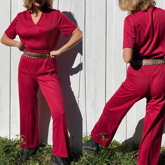 Vintage 70s Burgundy Red Bell bottom set.