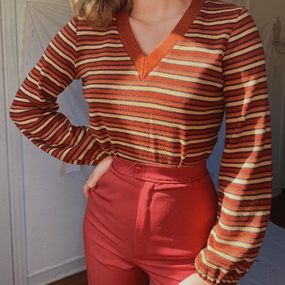1970s vintage Rust mauve sunset stripe puff sleeve