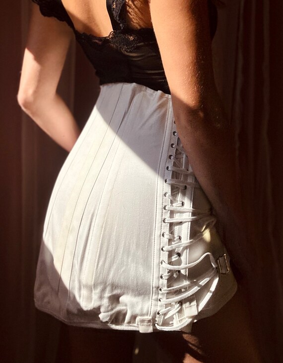 1950s pure white boned CAMP corset girdle skirt
