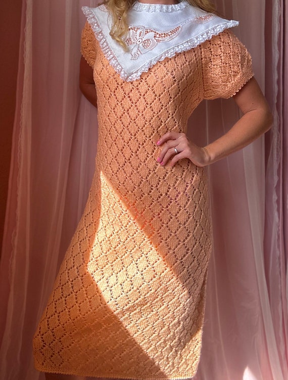 1960s hand crochet soft peach sheer knit dress