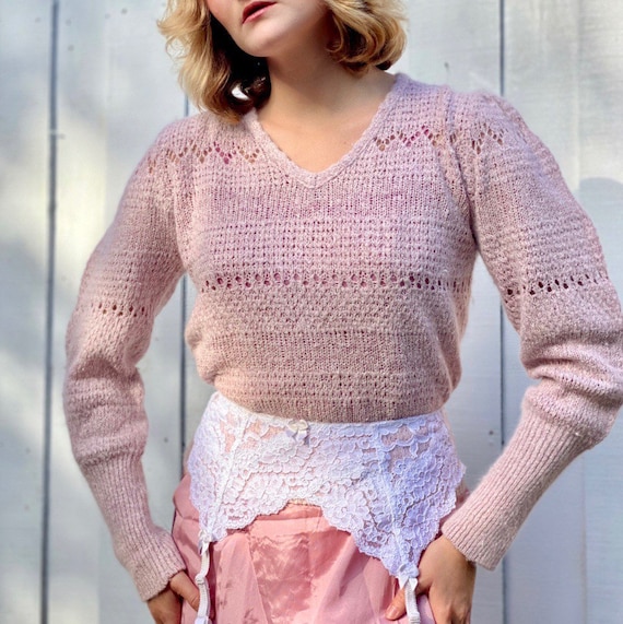 1970s vintage mauve mutton sleeve knit silk + ango