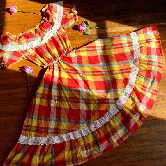 1970s vintage Rainbow plaid cotton prairie dress.