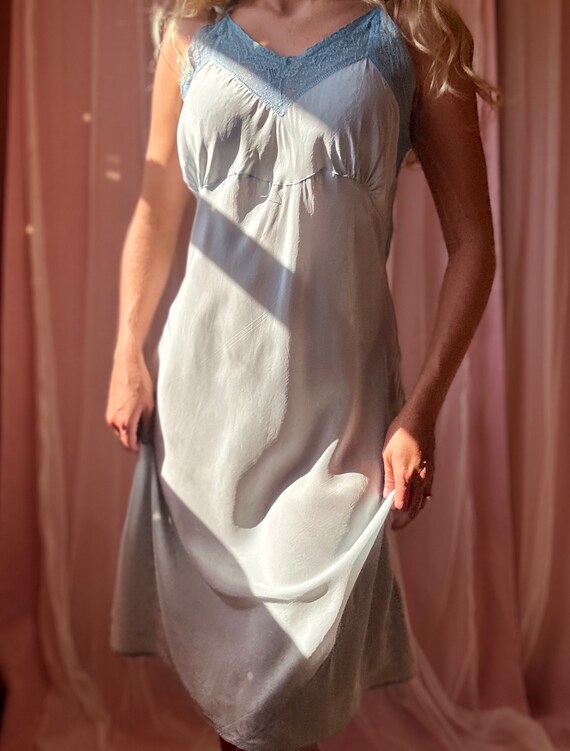 1930s hand dyed pale blue lace silk slip dress