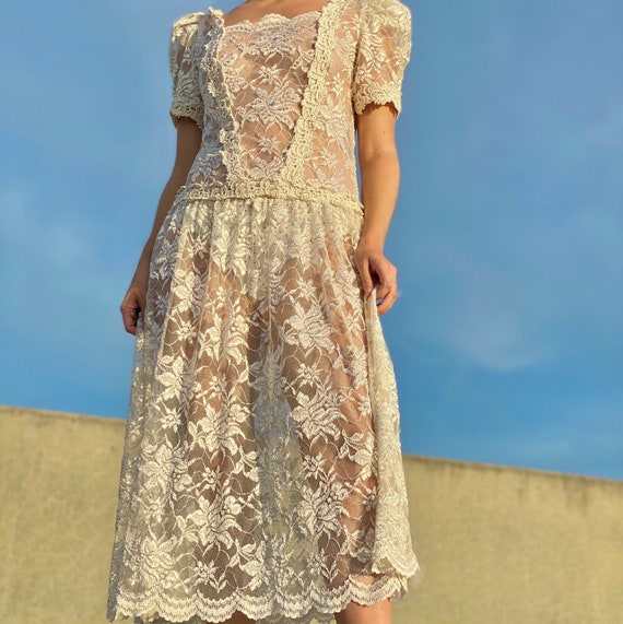 Vintage 70s sheer cream lace dress.