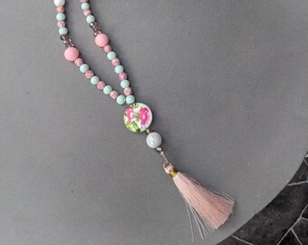 Long Beaded Tassel Necklace: Pink Floral Statement Jewelry