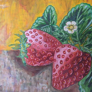 Still Life Painting-Strawberry Arcrylic Painting-Kitchen Wall Art-Fruits Artwork