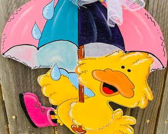 Ducky in the rain, spring door hanger, Duck in the rain, door hanger, animal door hanger