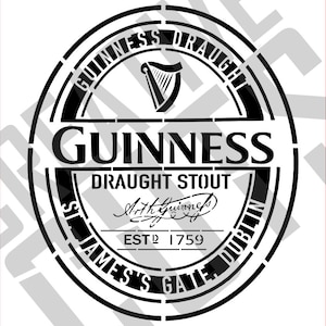 Op de afbeelding: Zwart-wit grafisch ontwerp van het Guinness-logo. Het logo toont een harp, de woorden "Guinness Draught Stout", "St. James's Gate", "Dublin" en "Est. 1759".