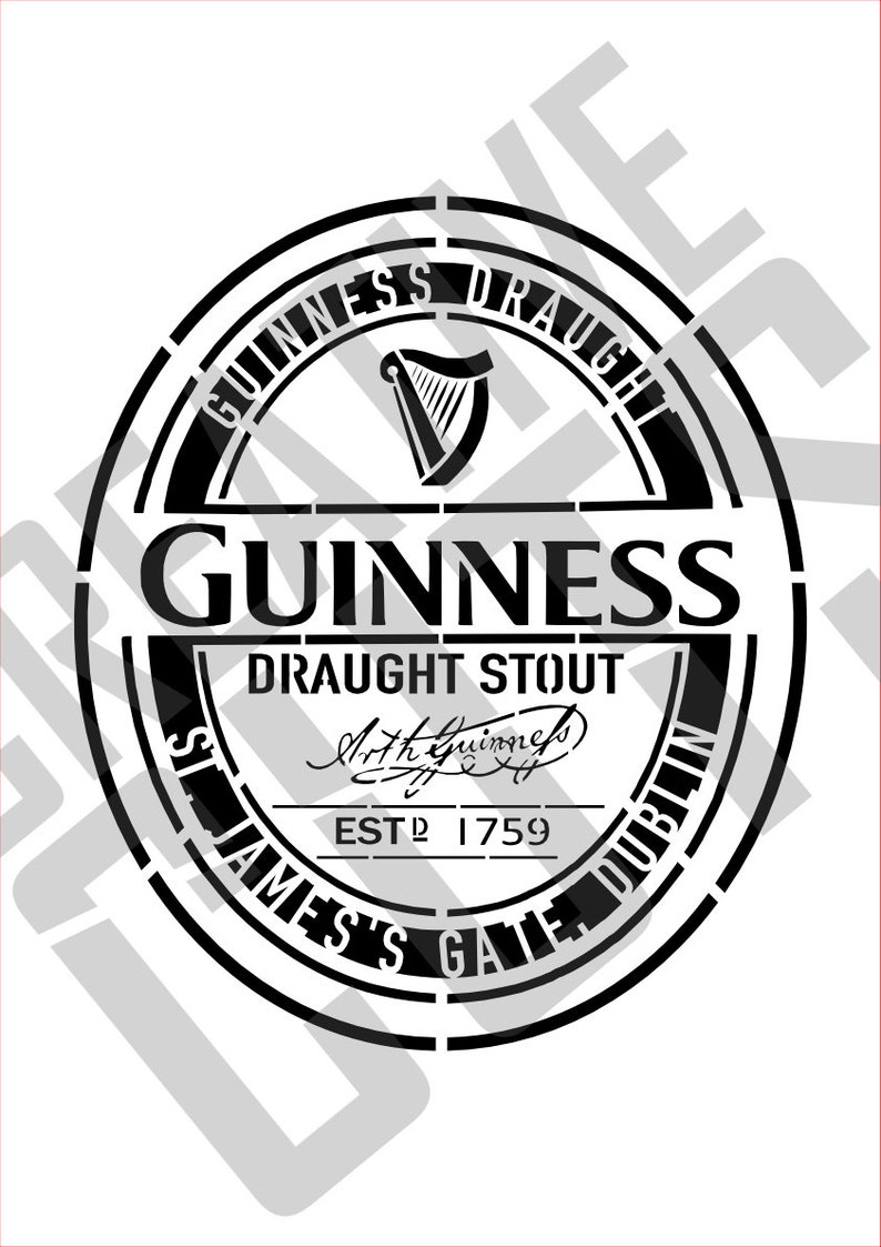 May include: Black and white graphic design of the Guinness logo. The logo features a harp, the words "Guinness Draught Stout", "St. James's Gate", "Dublin", and "Est. 1759".