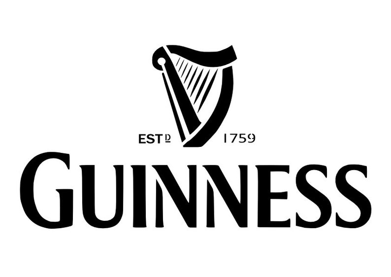 May include: Black and white logo for Guinness, a popular Irish stout beer. The logo features a harp with the text "ESTD 1759" and "GUINNESS" below.