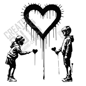 Peut inclure: Illustration en noir et blanc de deux enfants, une fille et un garçon, debout de chaque côté d'un grand cœur peint sur un mur. La fille tient un petit cœur dans sa main, et le garçon tient un petit cœur dans sa main. Le cœur sur le mur coule de peinture.