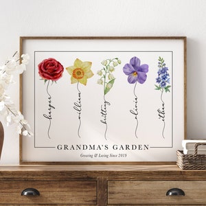 Grandmas Garden Flowers Sign Mothers Day Grandma Garden Birth Flower Wall Art Poster Personalized Mothers Day Gift For Grandma Print Framed