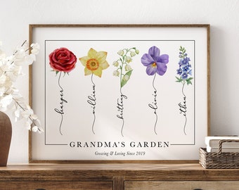 Grandmas Garden Flowers Sign Mothers Day Grandma Garden Birth Flower Wall Art Poster Personalized Mothers Day Gift For Grandma Print Framed