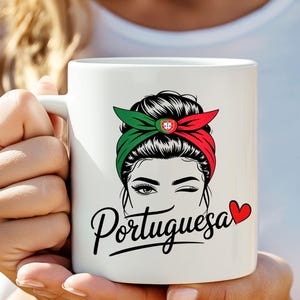 Portuguese Woman Mug or Wine Tumbler, Portuguesa Portugal Flag Hair Bun Cup, Portuguese Pride Gift, Portugal Heritage Coffee Mug for Her