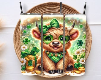 Highland Cow St Patrick's Day Tumbler | Irish Shamrock Stainless Steel Travel Cup