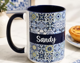 Personalized Portuguese Azulejo Mug, Custom Name Coffee Mug, Portugal Gift, Blue Tile Mug, Portuguese Gift for Her