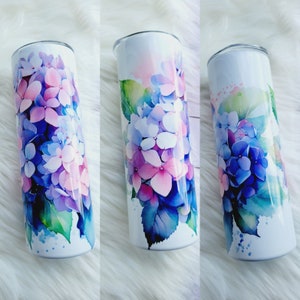 Personalized Floral Tumbler, 20oz Stainless Steel Tumbler with Hydrangea Watercolor Design, Custom Name Gift, Portuguese hydrangeas tumbler