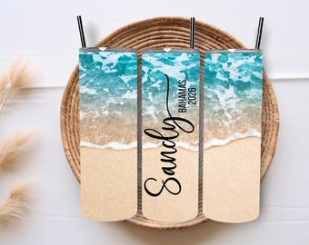 Personalized Beach Tumbler, Summer Vacation Tumbler, Girls Trip Cup, Beach Lover Gift, Custom Name Travel Mug, Tropical drink cup