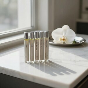 May include: Five perfume bottles with silver caps and labels that read "Still", "Still", "Quite Morning", "Evening Bloom", and "Velvet Dusk". A white orchid sits on a silver dish. The bottles are on a white marble surface.