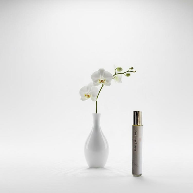 May include: A white ceramic vase holds a sprig of white orchids. A small perfume bottle with a gold cap and the text "Evening Bloom" is next to the vase. The background is white.