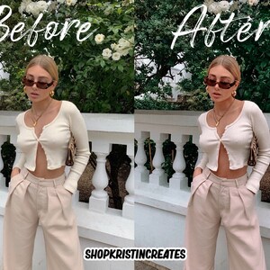 May include: A woman wearing a white cropped cardigan with a single button, beige wide-leg pants, and brown sunglasses. She is standing in front of a white railing with green foliage behind her. The text "SHOPKRISTINCREATES" is visible at the bottom of the image.