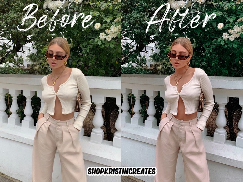 May include: A woman wearing a white cropped cardigan with a single button, beige wide-leg pants, and brown sunglasses. She is standing in front of a white railing with green foliage behind her. The text "SHOPKRISTINCREATES" is visible at the bottom of the image.