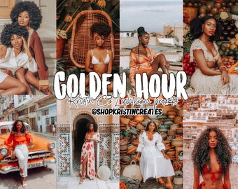 May include: A collage of photos featuring women in various locations, with a warm, golden-hour color palette. The text "GOLDEN HOUR Kristin Ca Lightroom presets @SHOPKRISTINCREATES" is superimposed on the image.