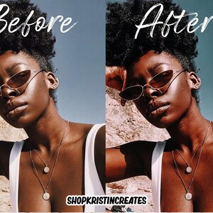 May include: Before and after photo of a person with dark skin wearing sunglasses and a white tank top. The person is wearing two gold necklaces with circular pendants. The photo is taken outdoors with a blue sky in the background. The text "SHOPKRISTINCREATES" is at the bottom of the image.