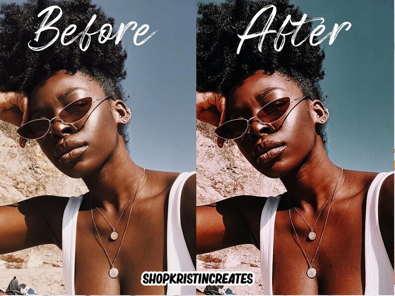 May include: Before and after photo of a person with dark skin wearing sunglasses and a white tank top. The person is wearing two gold necklaces with circular pendants. The photo is taken outdoors with a blue sky in the background. The text "SHOPKRISTINCREATES" is at the bottom of the image.