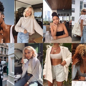 May include: A collage of nine images featuring women wearing various outfits. The images showcase different styles, including casual, chic, and trendy. The outfits feature a variety of colors, patterns, and textures, such as denim, sweaters, and jackets.