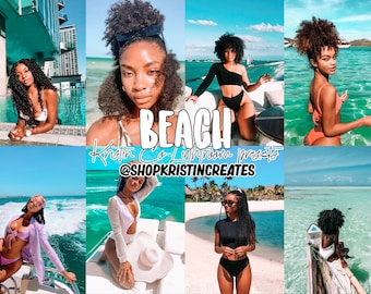 May include: A collage of photos featuring women in various beach settings. The photos are edited with a blue and teal color filter. The text "BEACH Kristin Ca Lightroom presets @SHOPKRISTINCREATES" is displayed in the center of the collage.