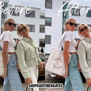 May include: Two people are wearing sunglasses and carrying white tote bags with the text "With Jean" printed on them. One person is wearing a white crop top and blue jeans, the other is wearing a light green jacket and white pants.
