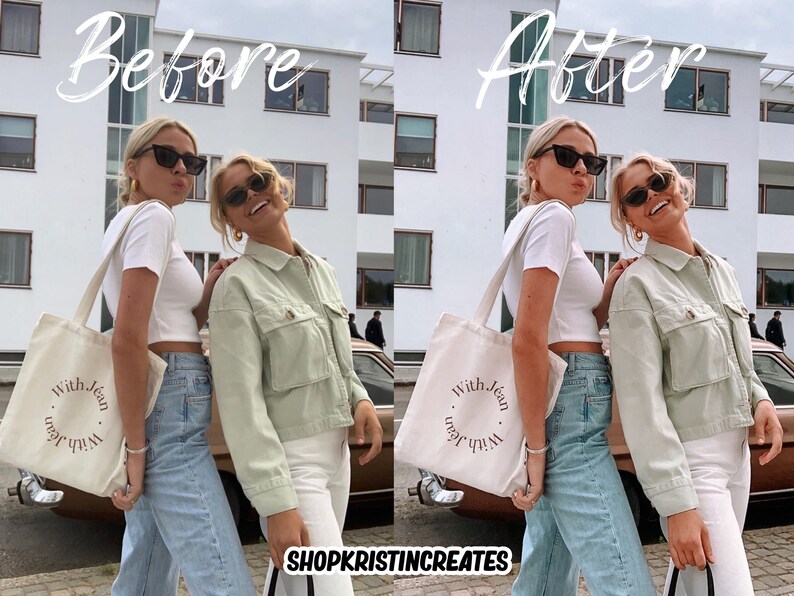 May include: Two people are wearing sunglasses and carrying white tote bags with the text "With Jean" printed on them. One person is wearing a white crop top and blue jeans, the other is wearing a light green jacket and white pants.