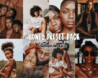 May include: A digital product listing for a set of Lightroom presets called "Honey Preset Pack" by Kristin Co. The image shows a collage of photos with a warm, golden tone, featuring various people of color. The text "Honey Preset Pack" and "Kristin Co Lightroom Presets" is displayed in a bold, white font. The text "@shopkristincreates" is displayed in a smaller, white font.