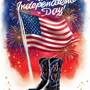 Biglietto d'auguri patriottico per il Giorno dell'Indipendenza – Stivali da cowboy e bandiera americana – Biglietto del 4 luglio – Celebra la libertà – Biglietto con fuochi d'artificio
