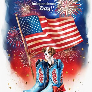 Biglietto d'auguri patriottico per il Giorno dell'Indipendenza - Stivali da cowboy e bandiera americana - Biglietto del 4 luglio - Celebra la libertà - Biglietto con fuochi d'artificio - Biglietto con cucciolo