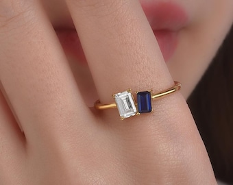 Toi et Moi Emerald Cut Birthstone Ring for Couples