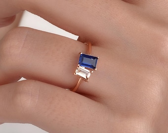 Toi et Moi Ring, Two Stone Birthstone Ring, Emerald Cut Gemstone Ring, Couples Ring, Dainty Romantic Gift for Her, Anniversary Gift