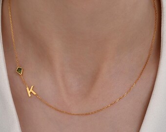 Custom Sideways Initial Birthstone Necklace - Letter Gemstone Necklace - Mothers Day Gift - Gift For Her - Personalized Name Jewelry