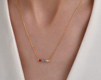 Baguette Birthstone Bar Necklace, Custom Family Gemstone Jewelry, Gift for Mom