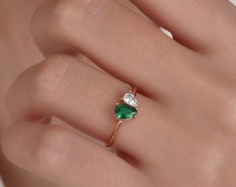 Toi et Moi Ring , Pear Cut 14k Gold Vermeil Birthstone Ring, Couples Ring, Dainty Romantic Gift for Her, Anniversary Gift