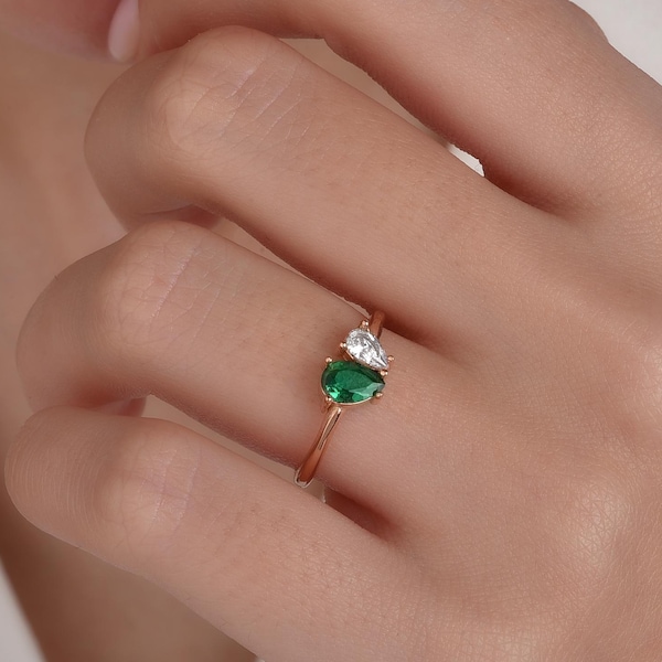 Toi et Moi Ring , Pear Cut 14k Gold Vermeil Birthstone Ring, Couples Ring, Dainty Romantic Gift for Her, Anniversary Gift