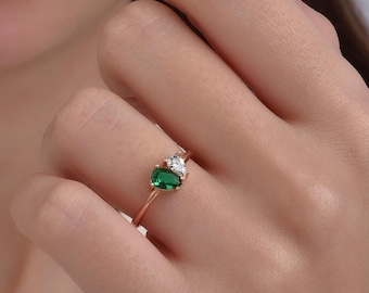 Pear Cut Toi et Moi Ring, 14k Gold Vermeil Birthstone Ring